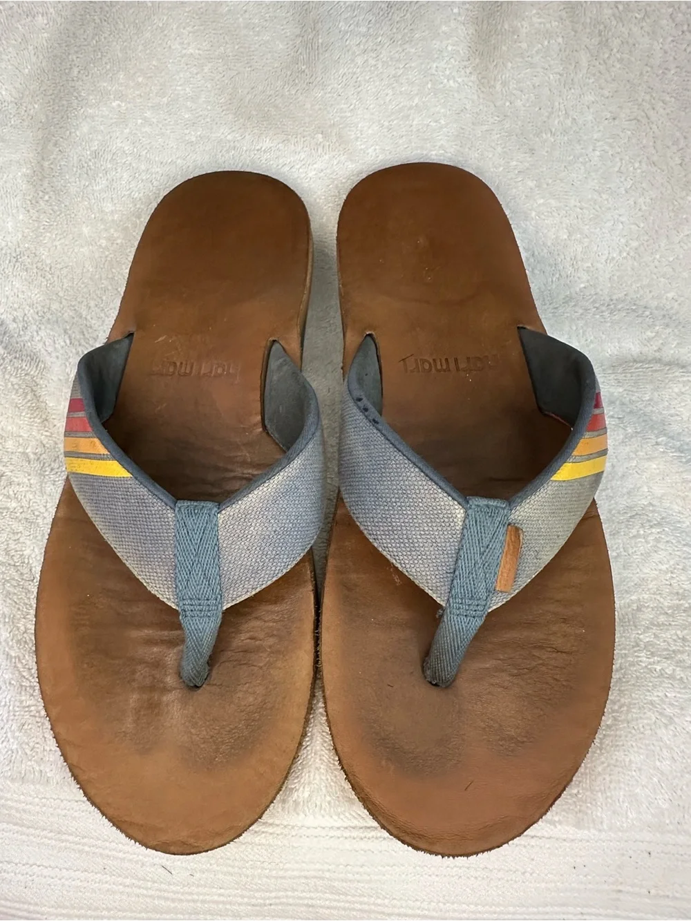 Hari Mari Men's Brown Leather Flip Flops with Blue Straps and Red-Yellow Stripe